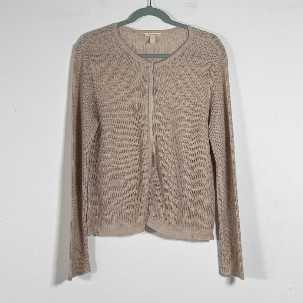 Eileen Fisher Cardigan Sweater Womens Sz L Tan Open Knit Snap On Front